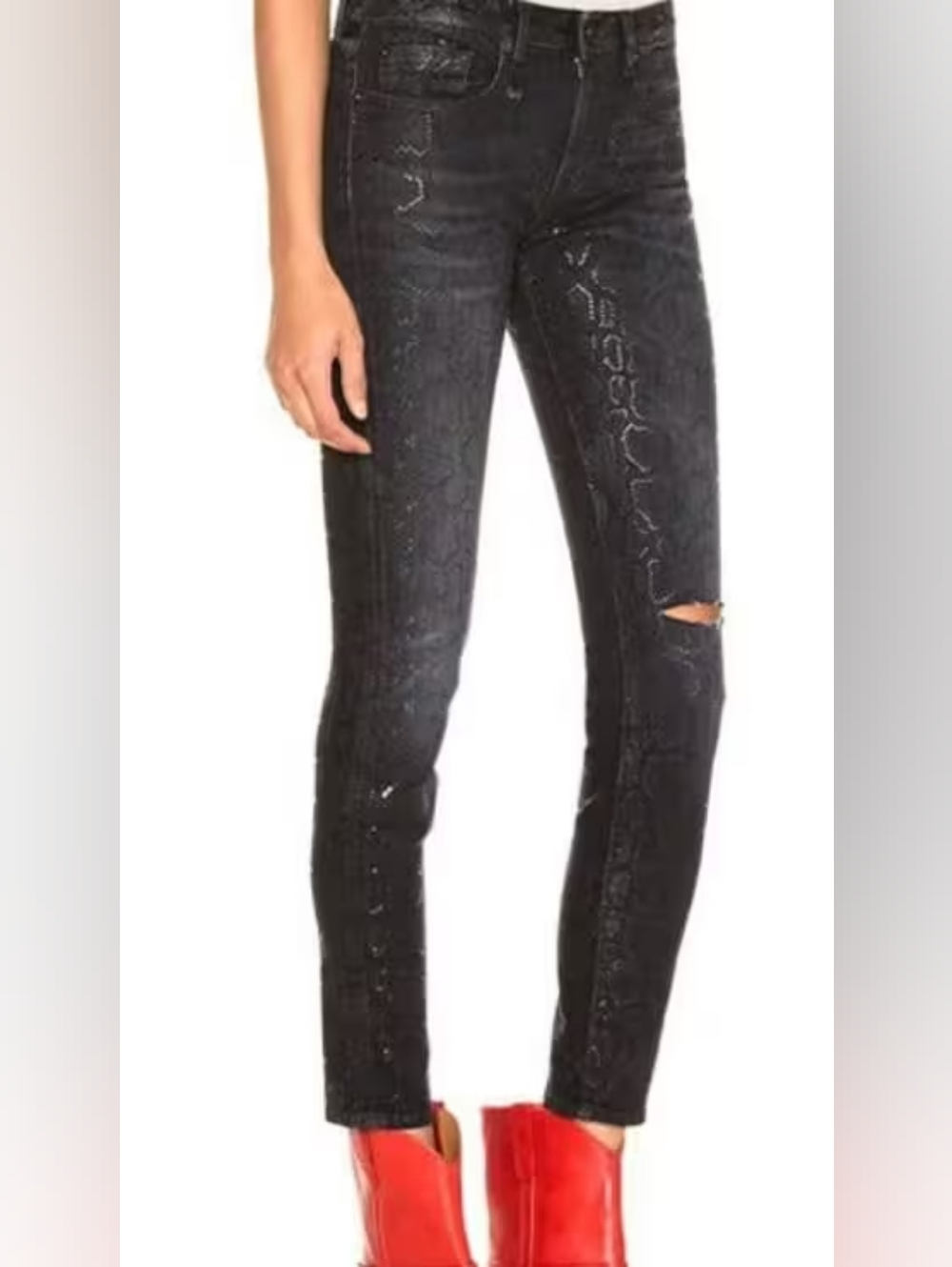 Nwt R13 Allison Skinny Fit Black Distressed Callen Snake Print Jeans With Rips